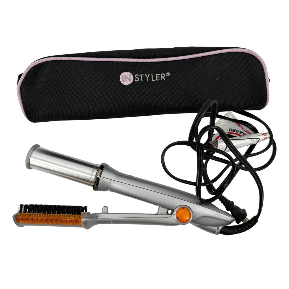 InStyler Original Rotating Curling Iron Brush IS1001 Bag Silver 1.25" Works